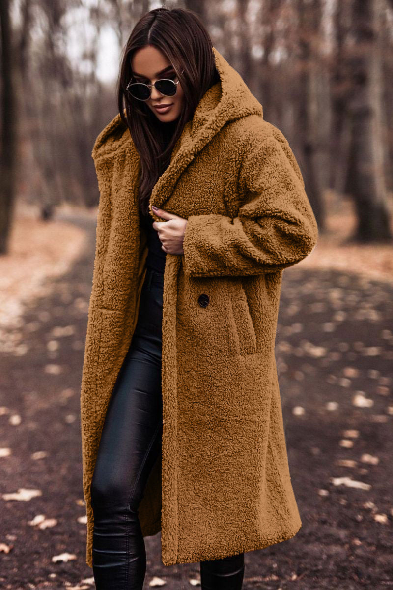 Amandine | Manteau chic long en fausse fourrure teddy à capuche pour femme