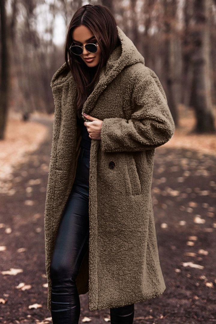 Amandine | Manteau chic long en fausse fourrure teddy à capuche pour femme