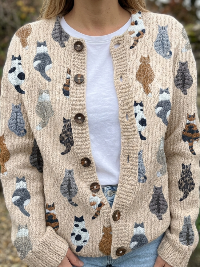 Camille | Gilet chic en maille motif chats à boutons pour femme