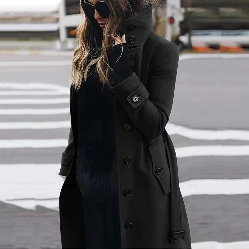 Coraline | Trench élégant long montant à col et ceinture pour femme