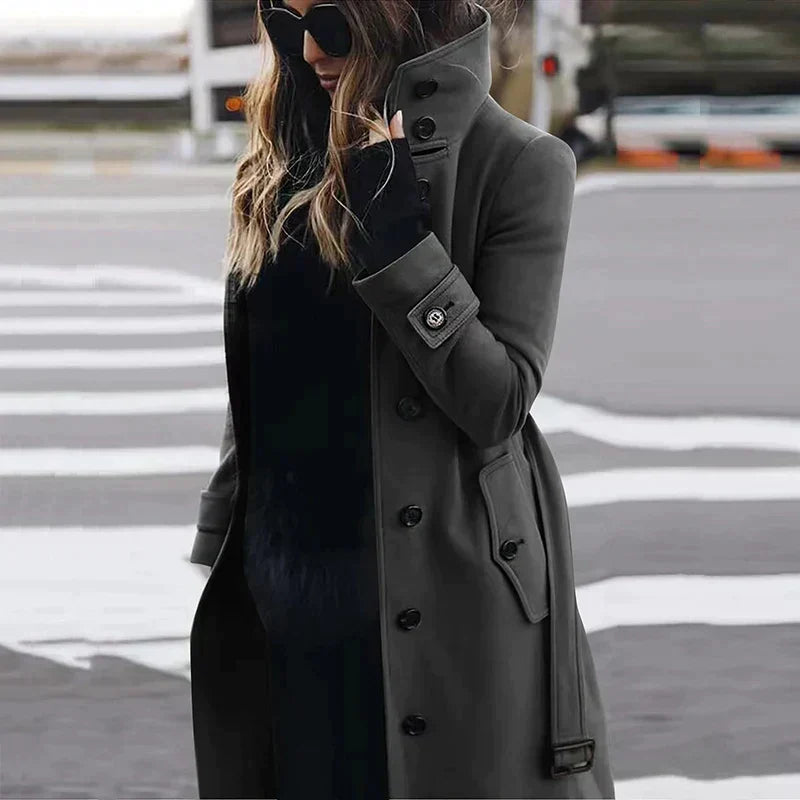 Coraline | Trench élégant long montant à col et ceinture pour femme