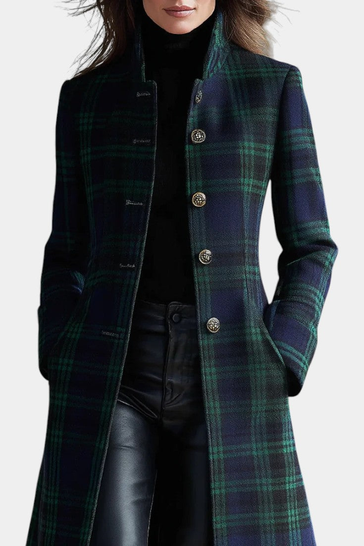 Mireille | Manteau élégant hiver long à carreaux col montant pour femme