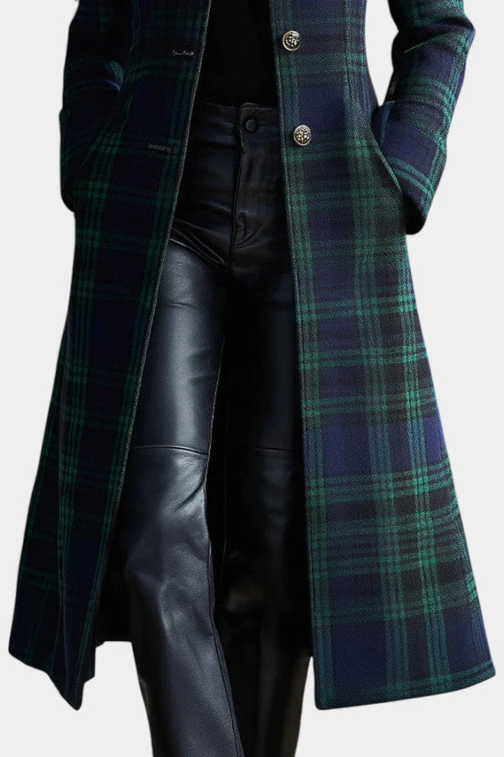Mireille | Manteau élégant hiver long à carreaux col montant pour femme