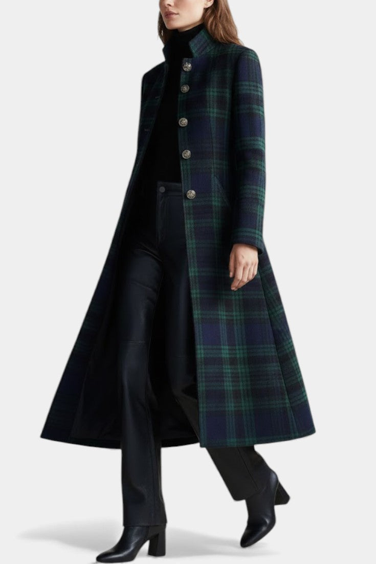 Mireille | Manteau élégant hiver long à carreaux col montant pour femme