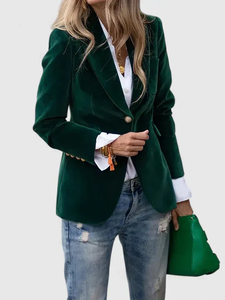 Cécile | Blazer cintré élégant en velours à bouton doré pour femme
