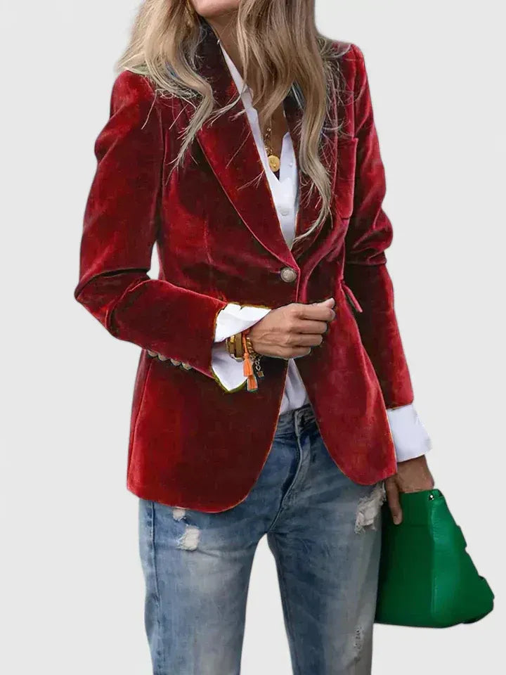 Cécile | Blazer cintré élégant en velours à bouton doré pour femme