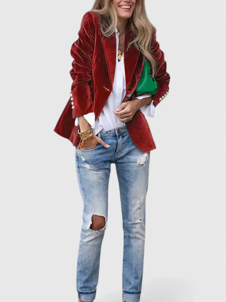 Cécile | Blazer cintré élégant en velours à bouton doré pour femme