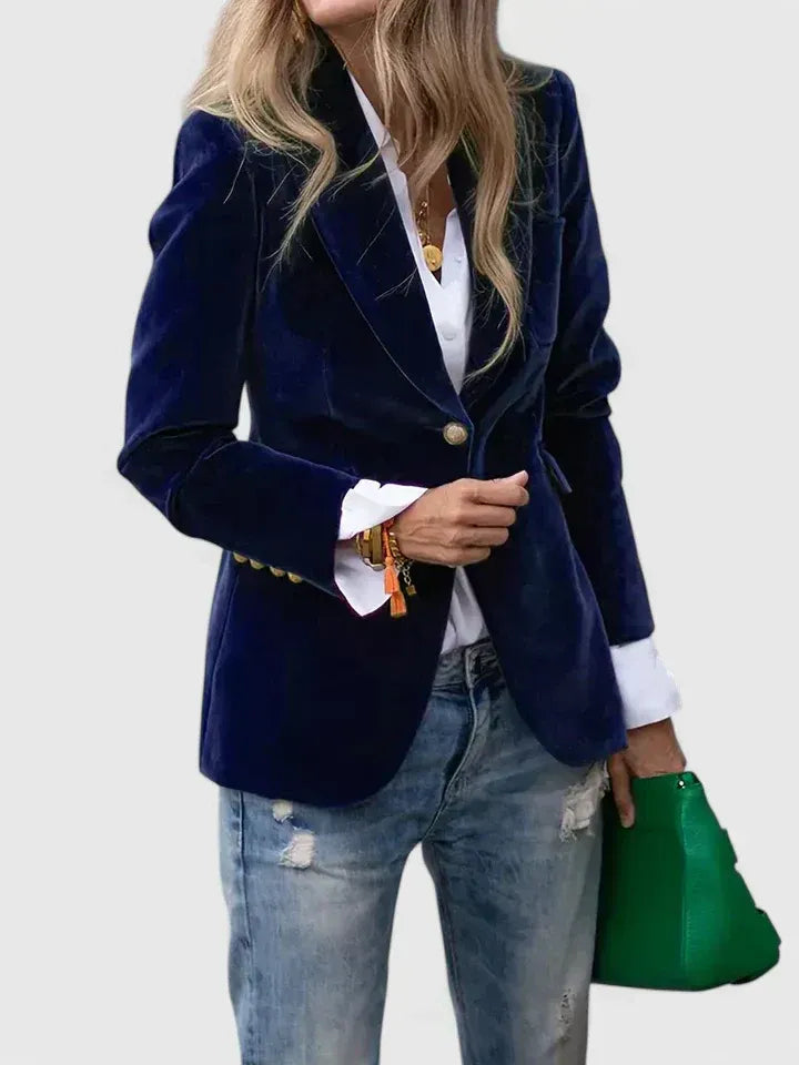 Cécile | Blazer cintré élégant en velours à bouton doré pour femme