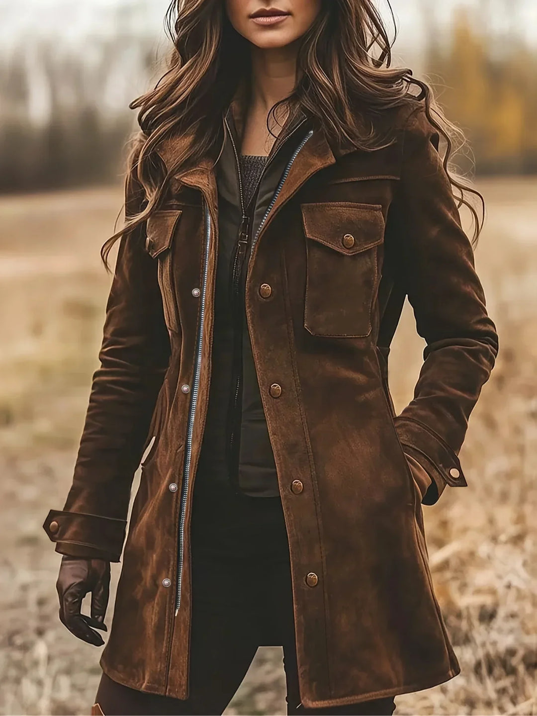 Elvire | Manteau élégant long en daim à revers cranté et boutons pour femme