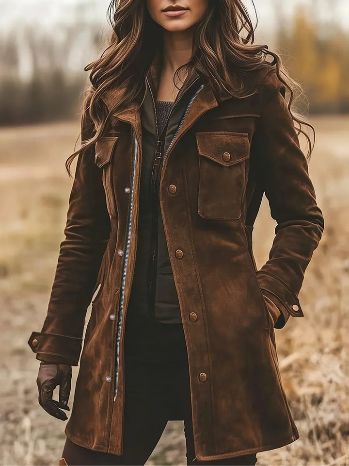 Elvire | Manteau élégant long en daim à revers cranté et boutons pour femme