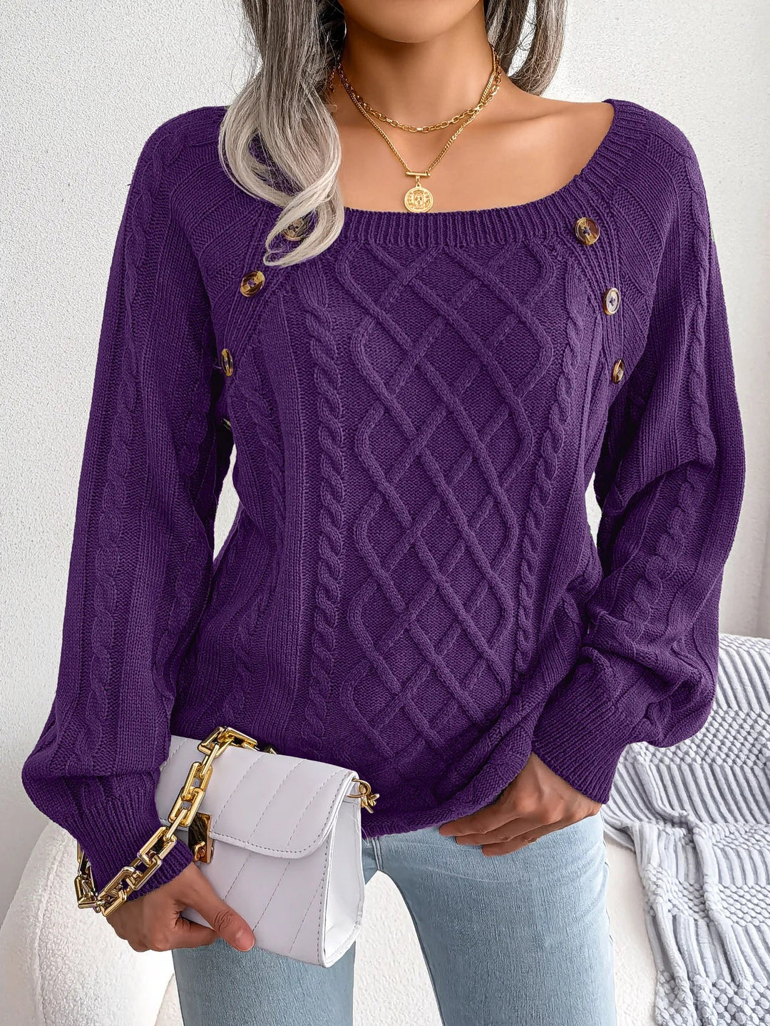 Honorine | Pull chic oversize en maille torsadée à boutons pour femme