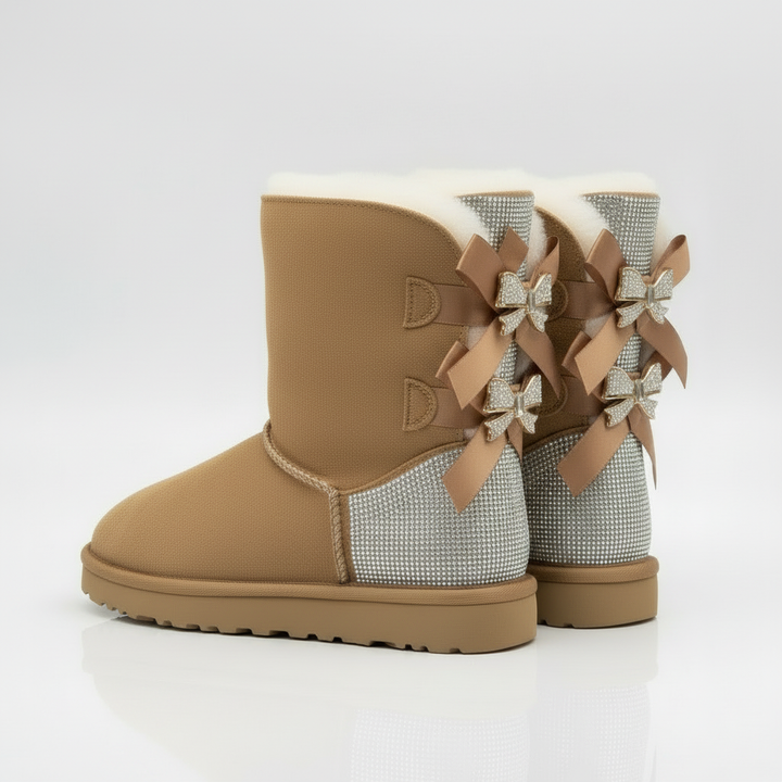 Aurore | Bottes chic en daim à nœuds pailletés et bordure en mouton pour femme