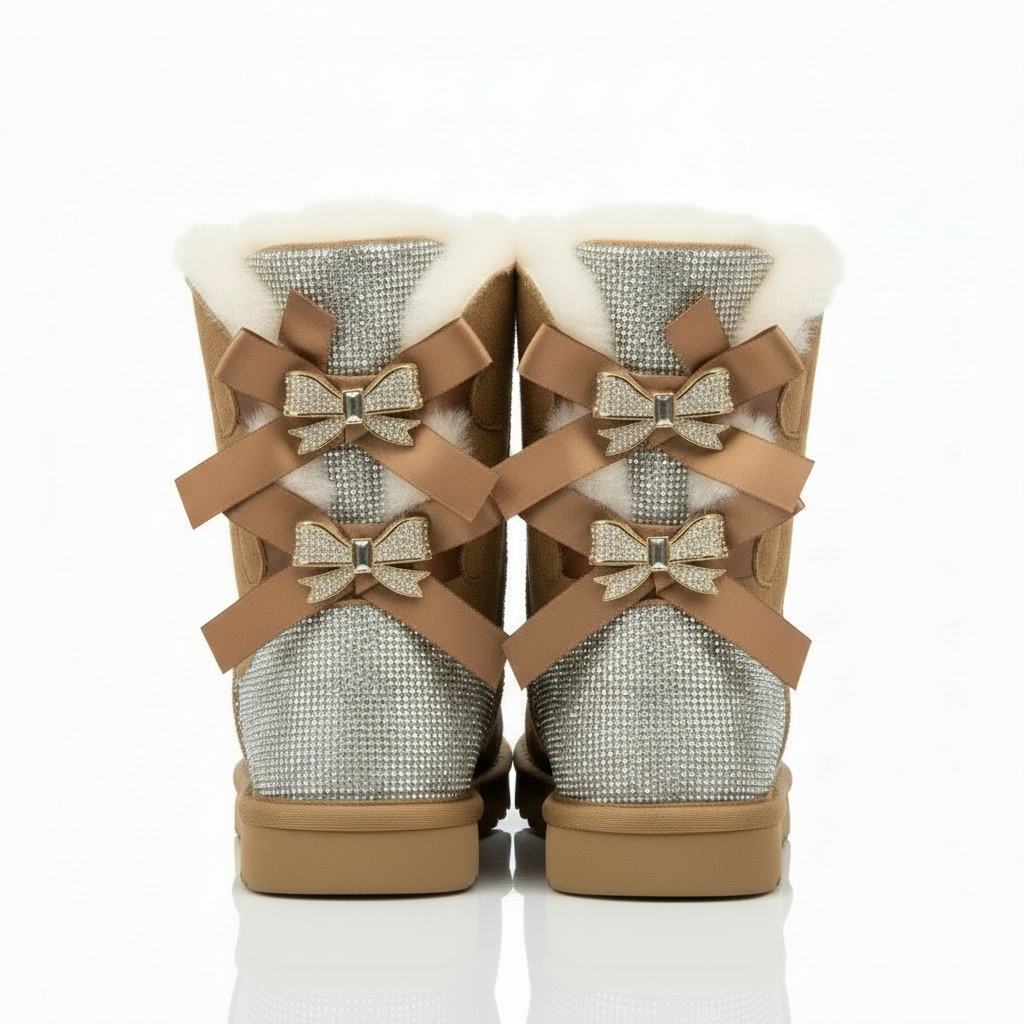 Aurore | Bottes chic en daim à nœuds pailletés et bordure en mouton pour femme