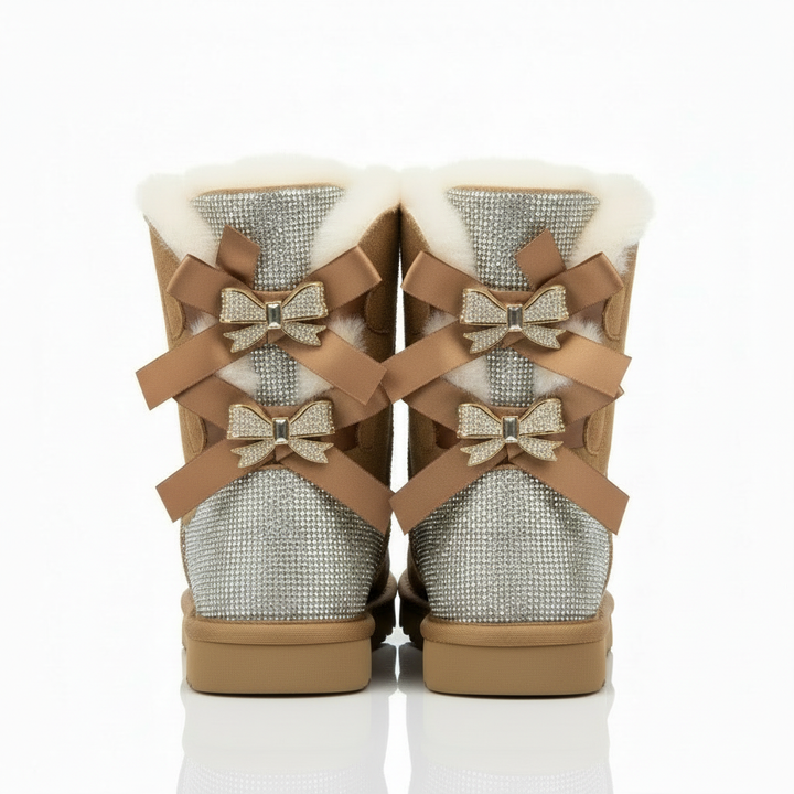 Aurore | Bottes chic en daim à nœuds pailletés et bordure en mouton pour femme