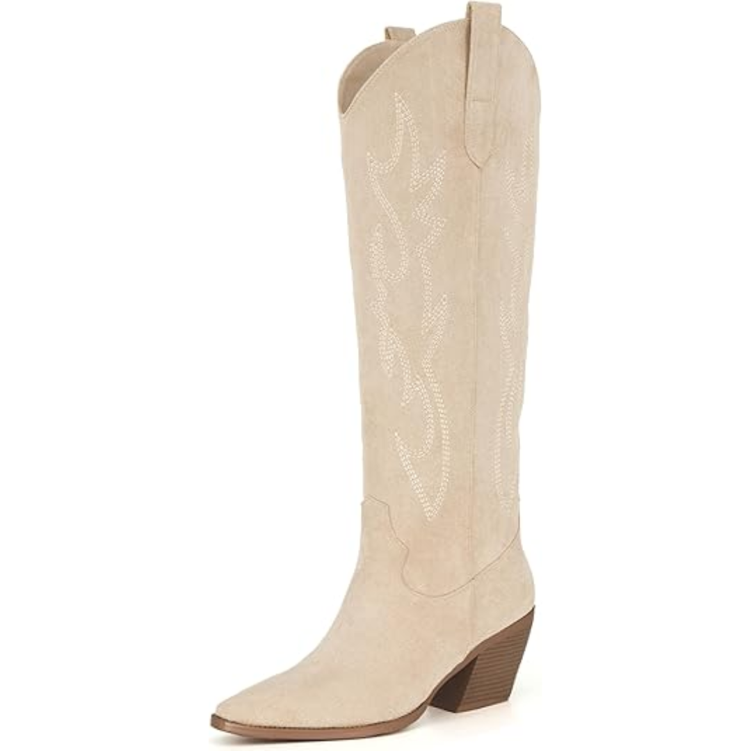 Madeleine | Bottes western chic bleues hauteur genou à talon bloc pour femme