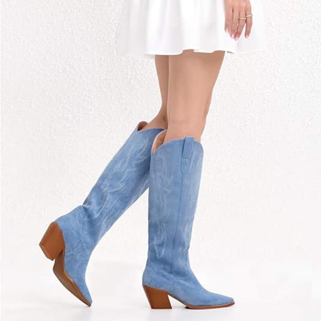 Madeleine | Bottes western chic bleues hauteur genou à talon bloc pour femme