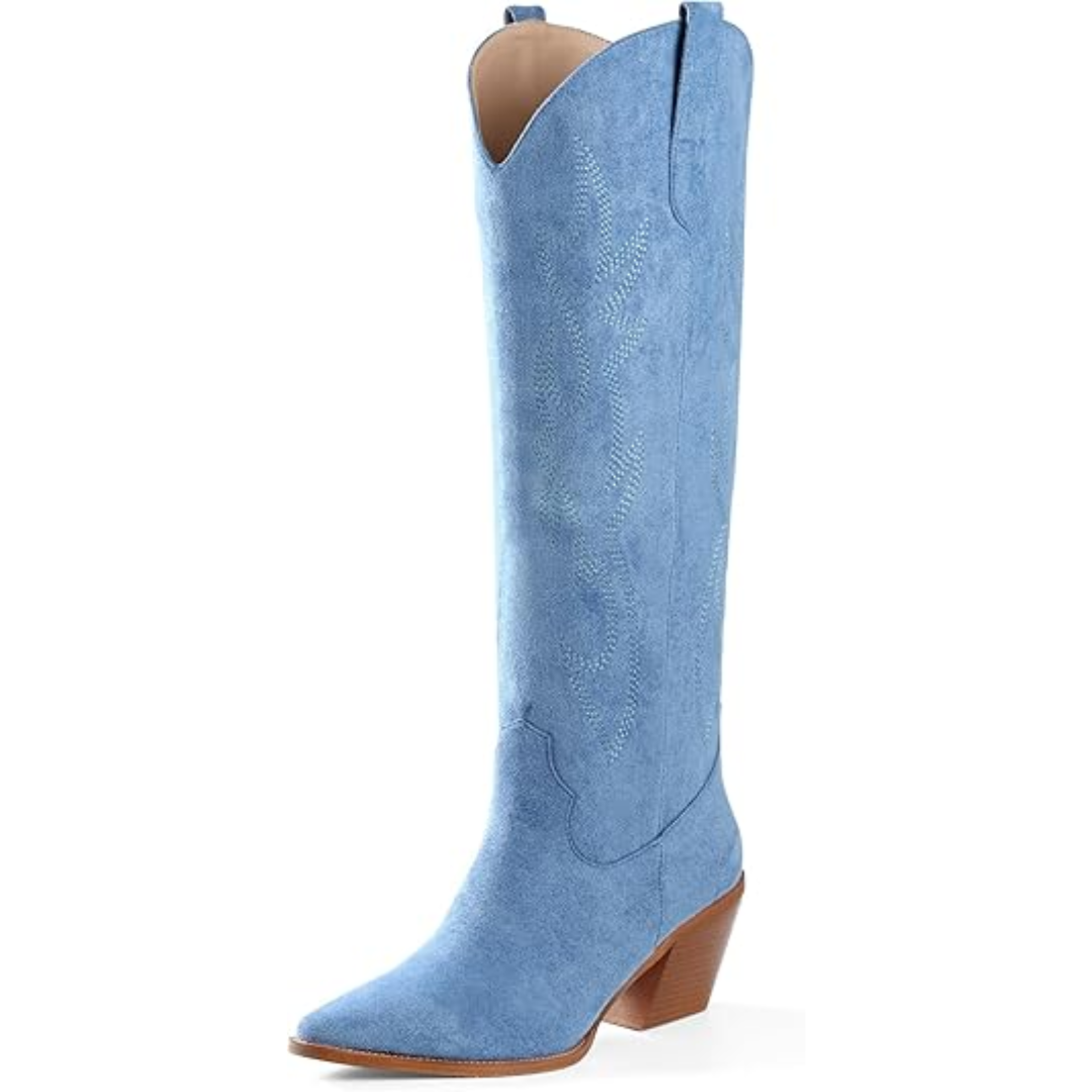 Madeleine | Bottes western chic bleues hauteur genou à talon bloc pour femme