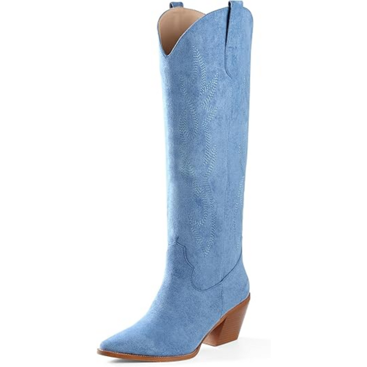 Madeleine | Bottes western chic bleues hauteur genou à talon bloc pour femme