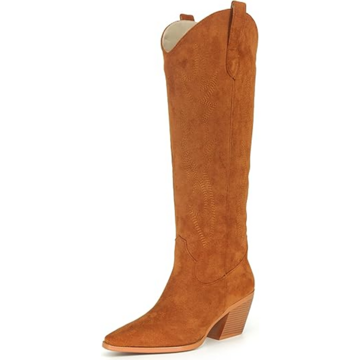 Madeleine | Bottes western chic bleues hauteur genou à talon bloc pour femme