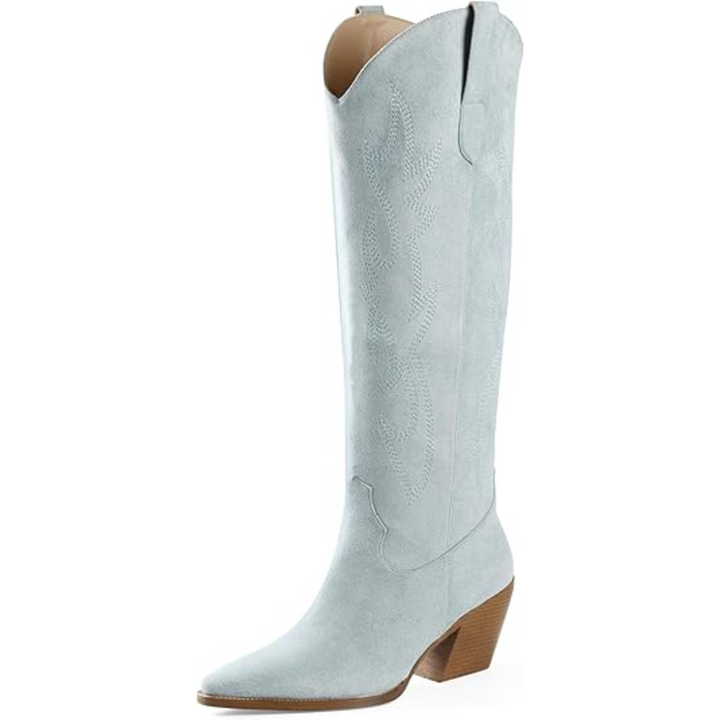 Madeleine | Bottes western chic bleues hauteur genou à talon bloc pour femme