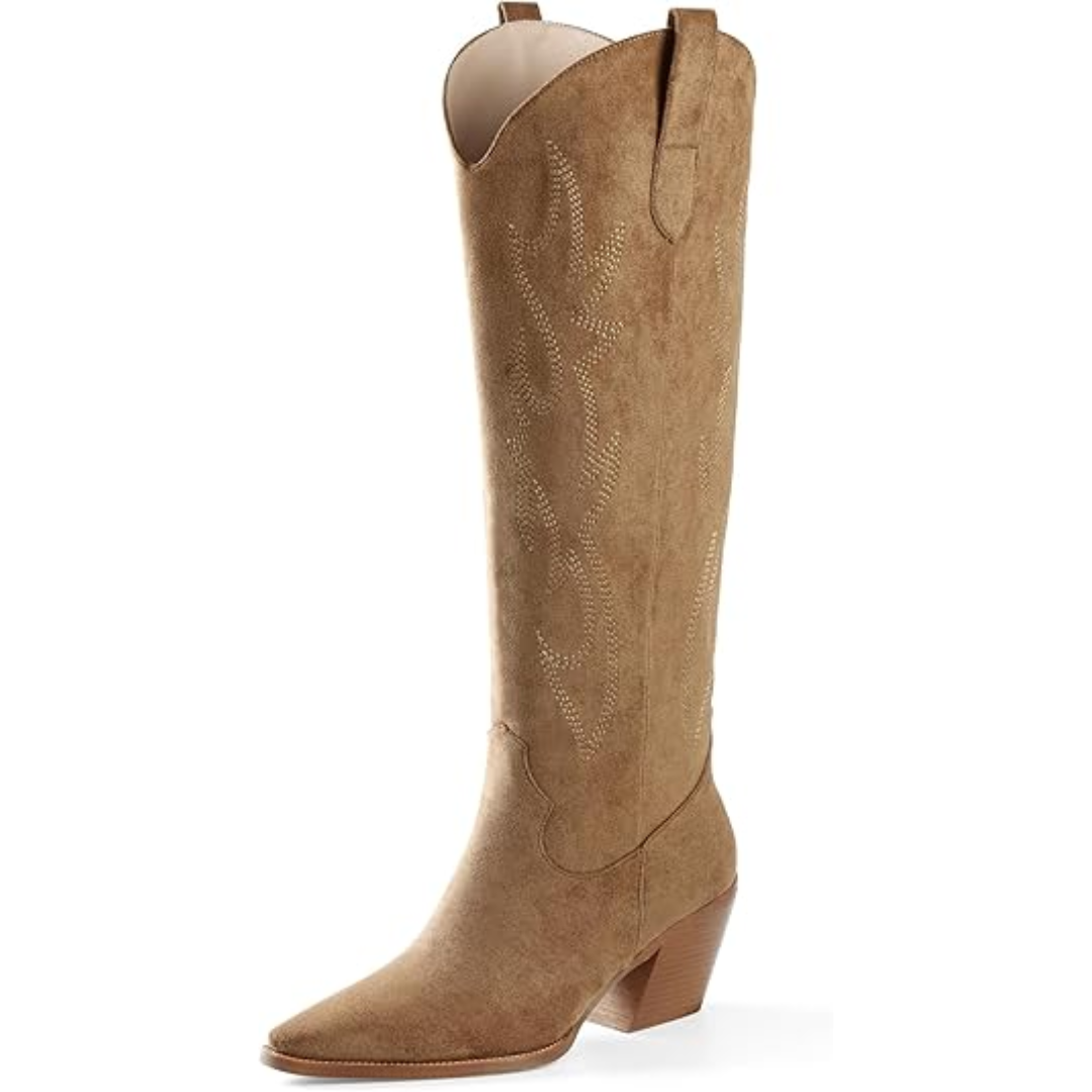 Madeleine | Bottes western chic bleues hauteur genou à talon bloc pour femme