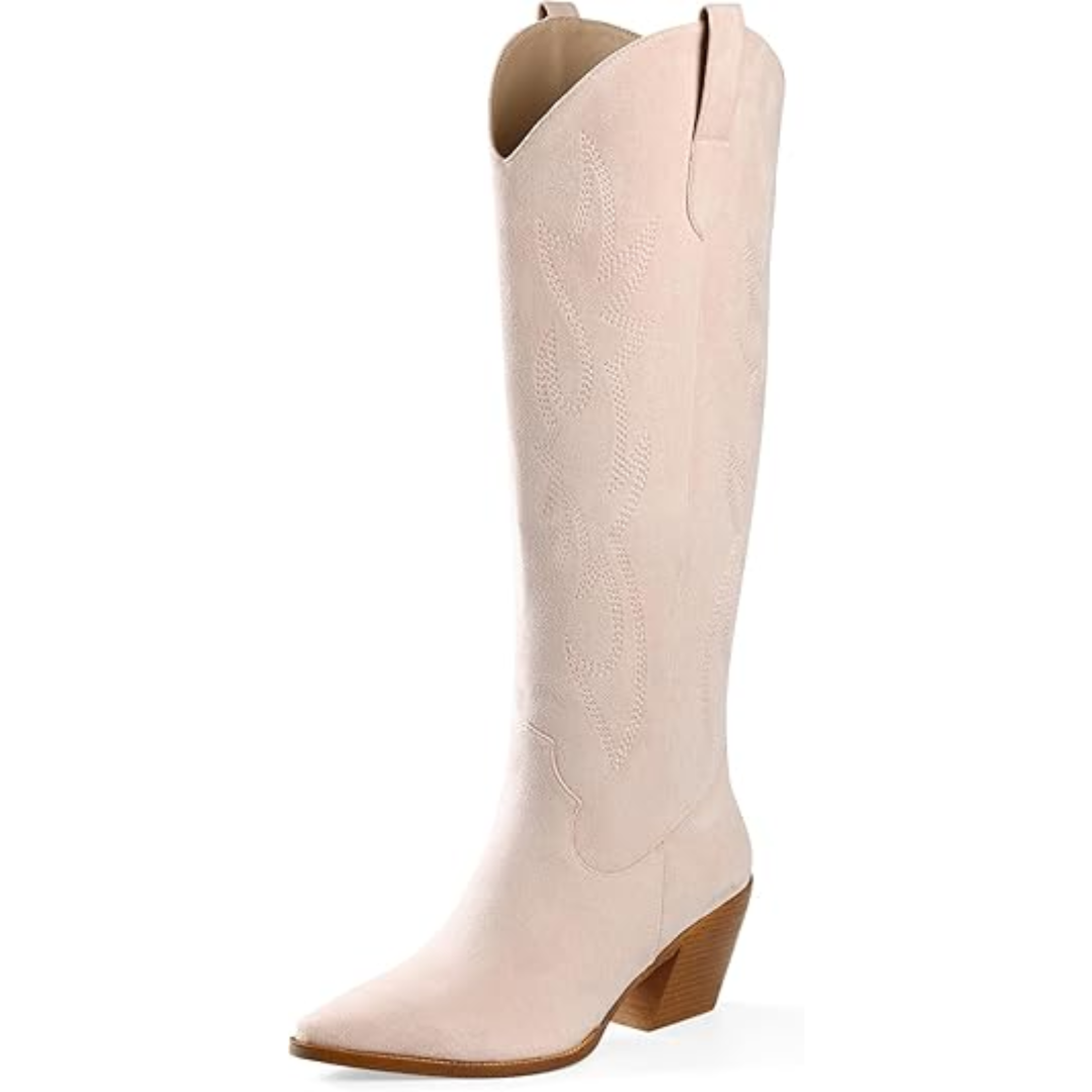 Madeleine | Bottes western chic bleues hauteur genou à talon bloc pour femme