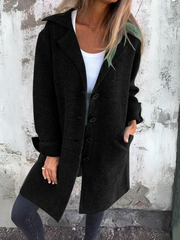 Alberte | Manteau chic long bouclée à col revers et boutons pour femme