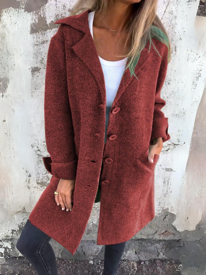 Alberte | Manteau chic long bouclée à col revers et boutons pour femme
