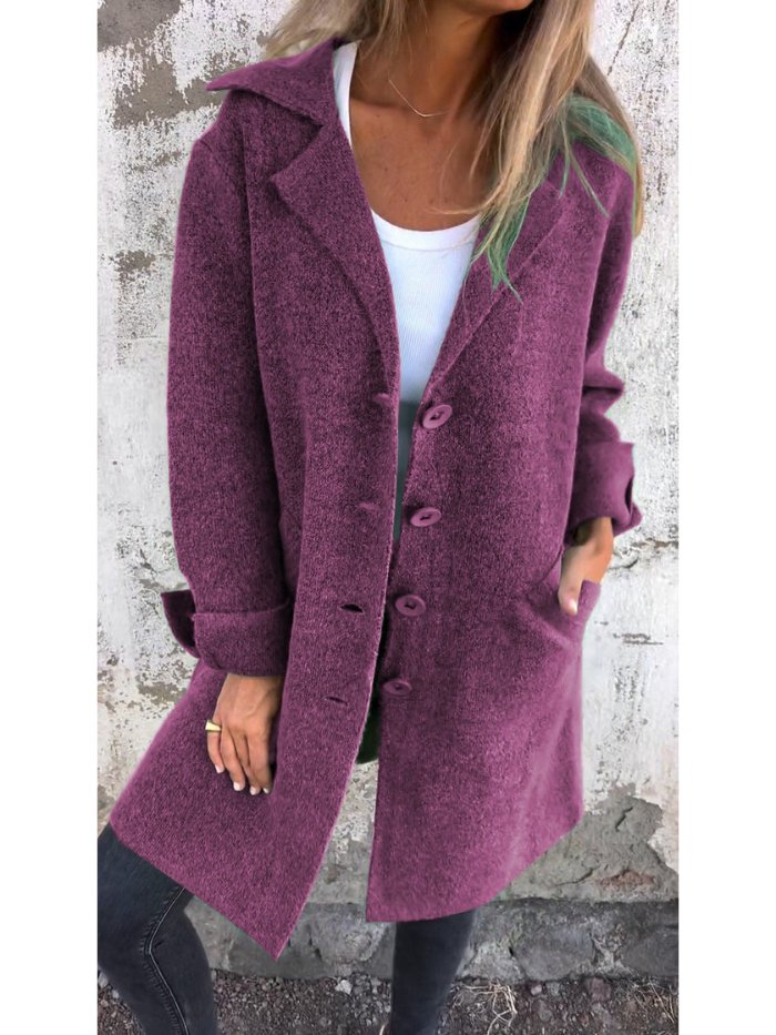 Alberte | Manteau chic long bouclée à col revers et boutons pour femme