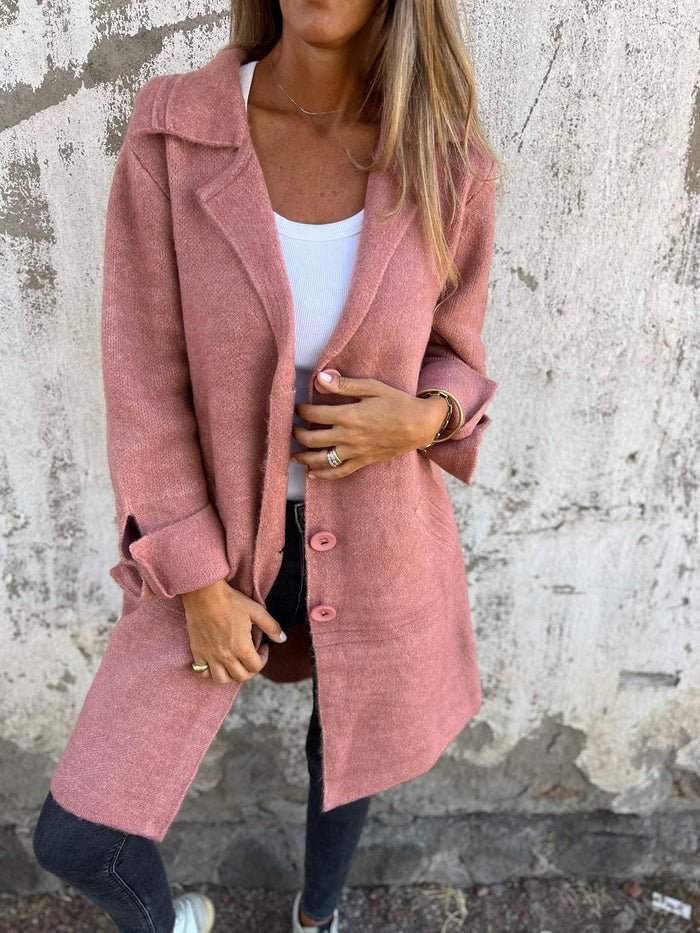 Alberte | Manteau chic long bouclée à col revers et boutons pour femme