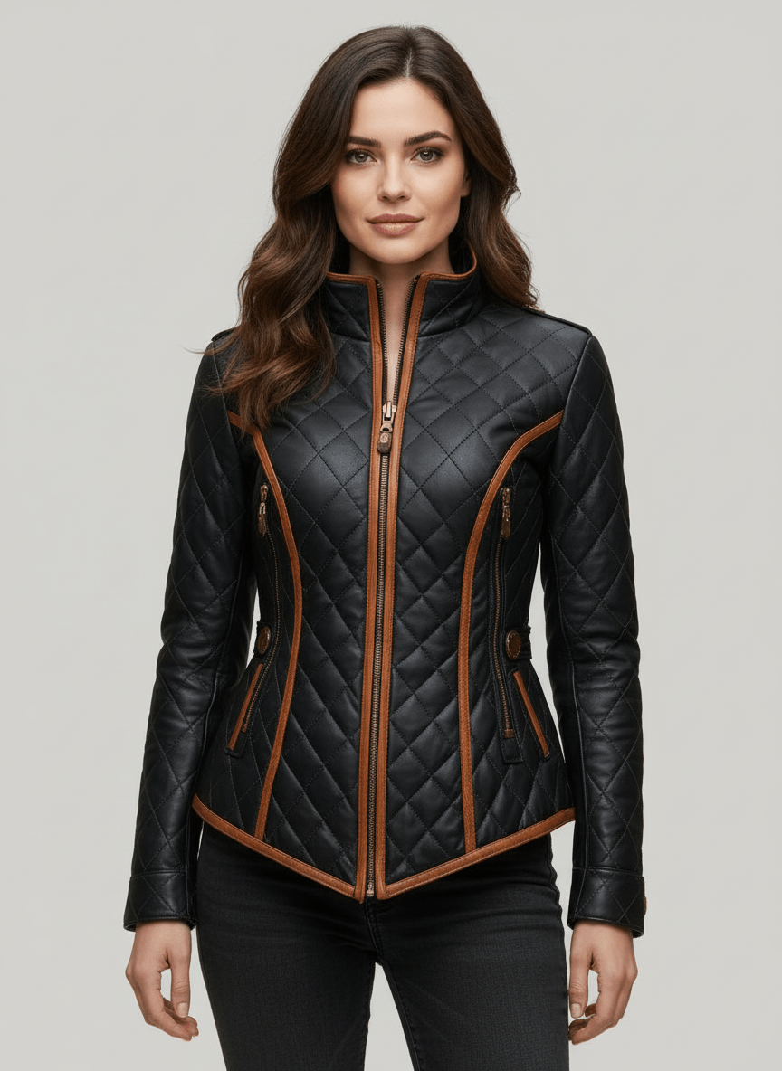 Valérie | Veste élégante matelassée cintrée noire zippée à col montant pour femme