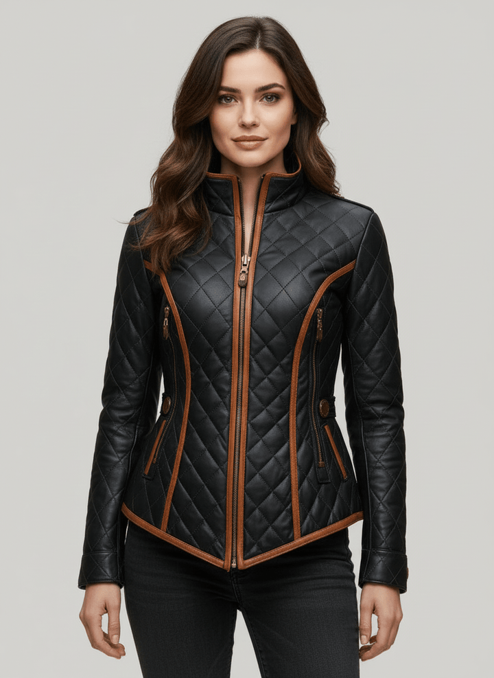 Valérie | Veste élégante matelassée cintrée noire zippée à col montant pour femme