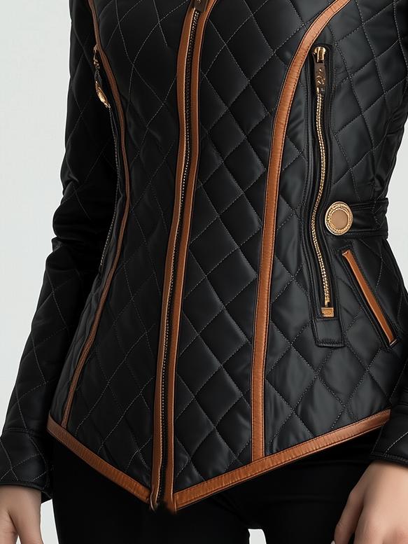 Valérie | Veste élégante matelassée cintrée noire zippée à col montant pour femme