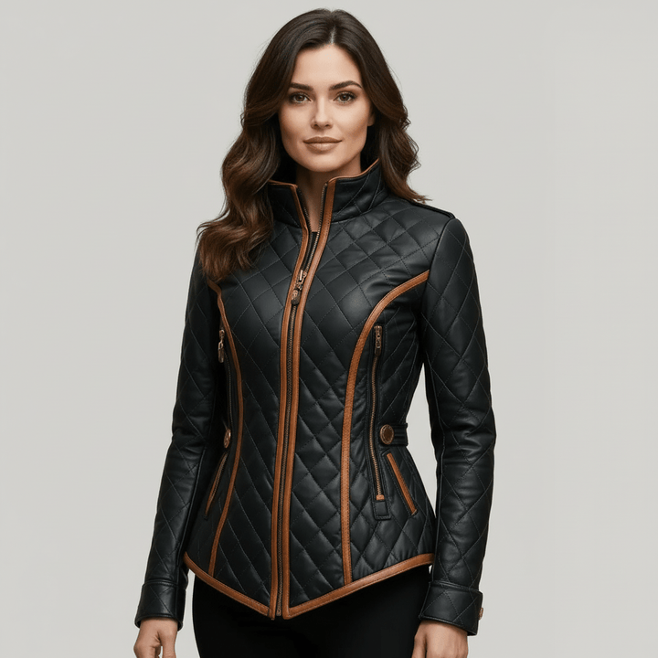 Valérie | Veste élégante matelassée cintrée noire zippée à col montant pour femme