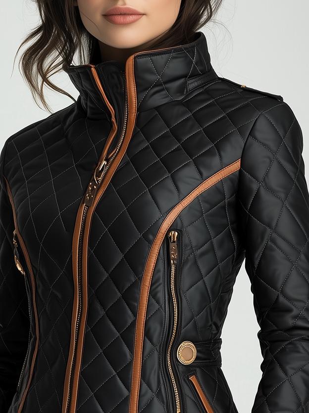 Valérie | Veste élégante matelassée cintrée noire zippée à col montant pour femme
