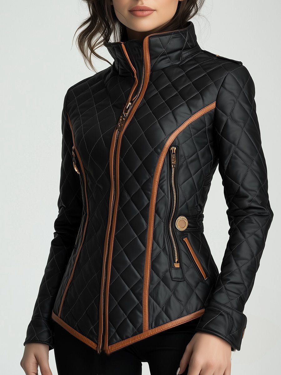 Valérie | Veste élégante matelassée cintrée noire zippée à col montant pour femme