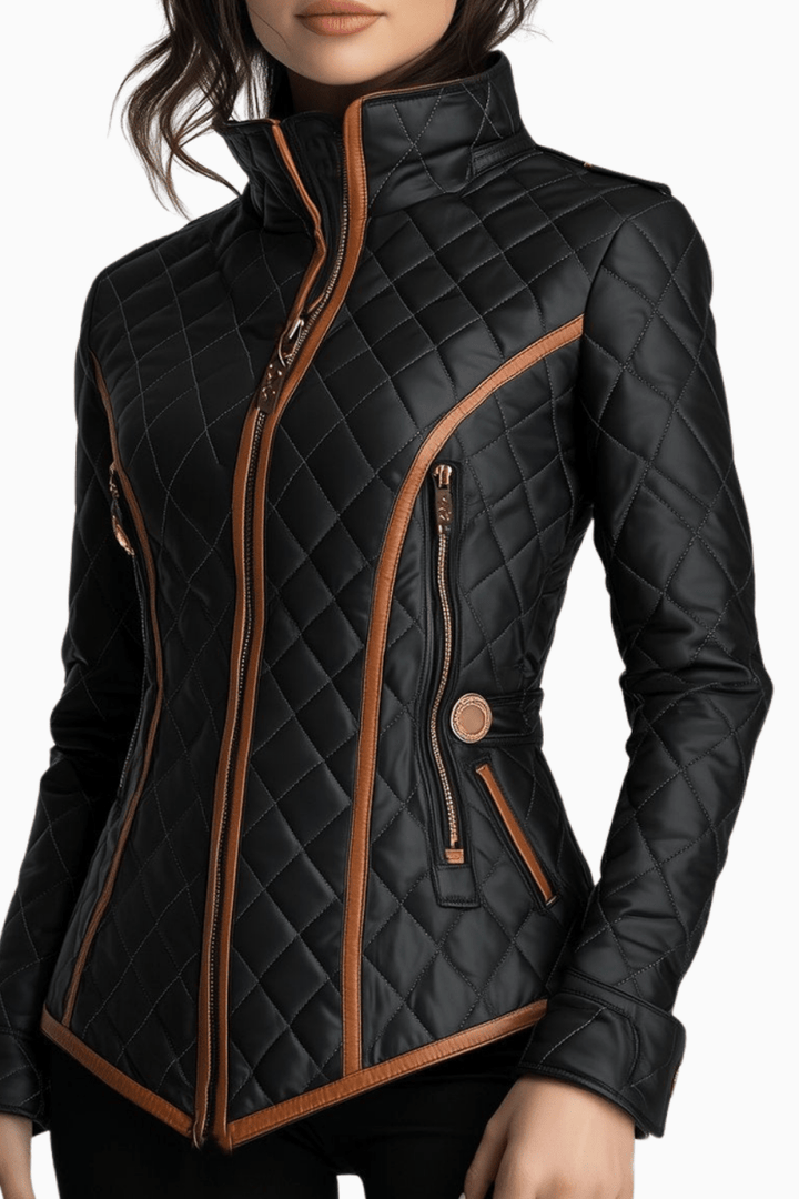 Valérie | Veste élégante matelassée cintrée noire zippée à col montant pour femme