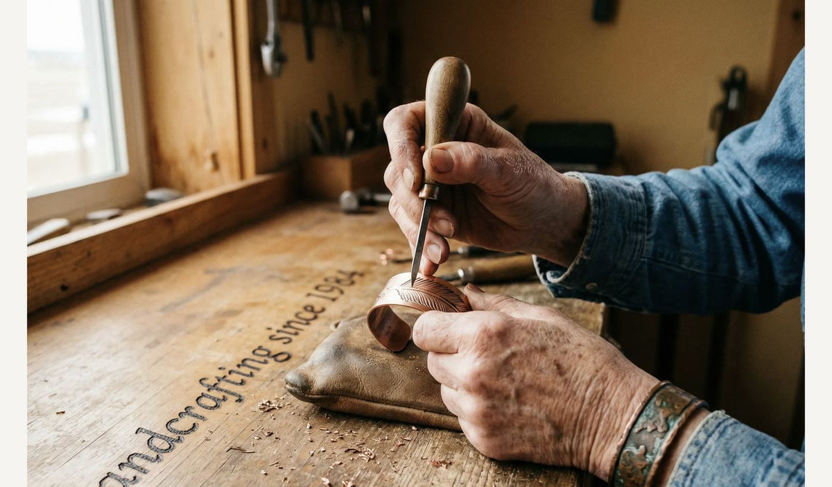 Gravure à la main d'un bracelet en cuivre dans l'atelier