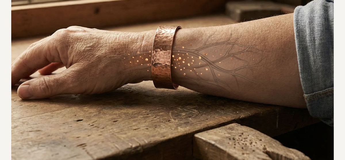 Avant-bras portant le bracelet manchette en cuivre Nicole & Mila