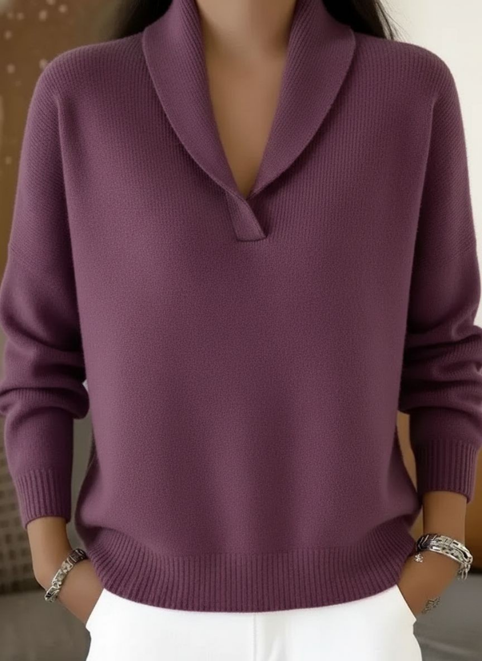 Sylviane | Pull chic en maille côtelée col V oversize pour femme