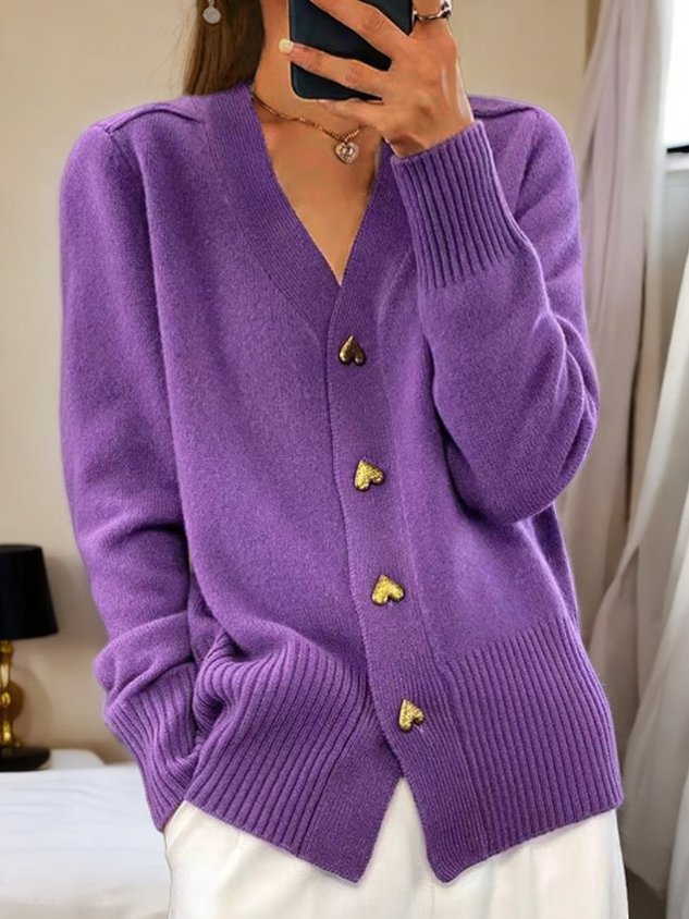 Aliénor | Cardigan chic côtelé col en V à boutons cœur pour femme