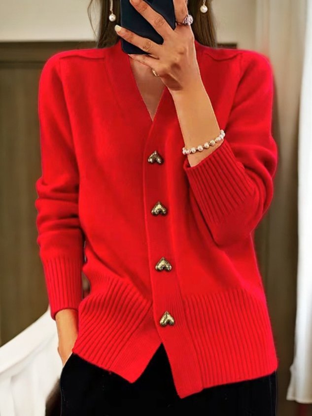 Aliénor | Cardigan chic côtelé col en V à boutons cœur pour femme