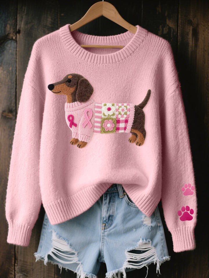 Héléna | Pull chic en maille côtelée à col rond et motif teckel pour femme