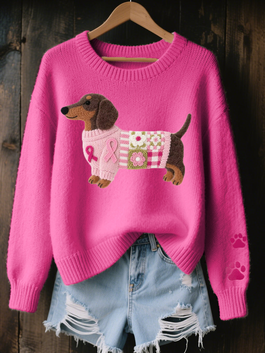 Héléna | Pull chic en maille côtelée à col rond et motif teckel pour femme