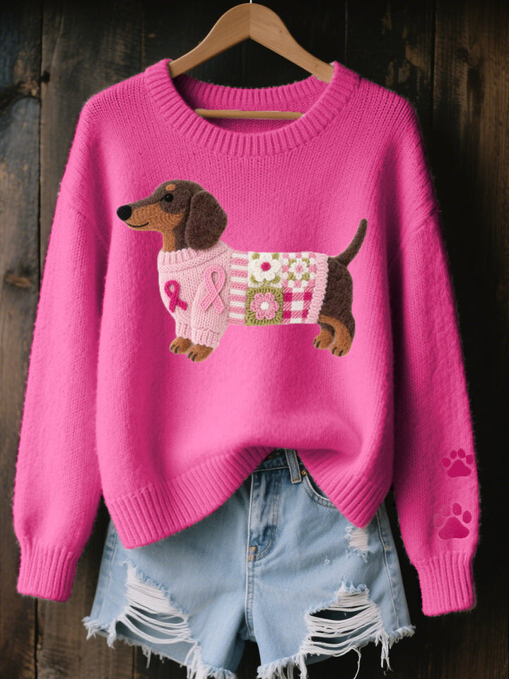 Héléna | Pull chic en maille côtelée à col rond et motif teckel pour femme