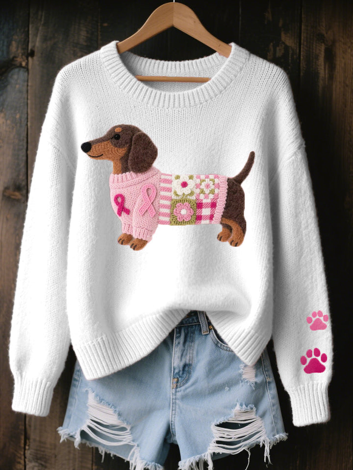 Héléna | Pull chic en maille côtelée à col rond et motif teckel pour femme