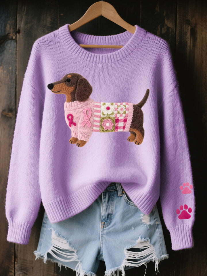 Héléna | Pull chic en maille côtelée à col rond et motif teckel pour femme