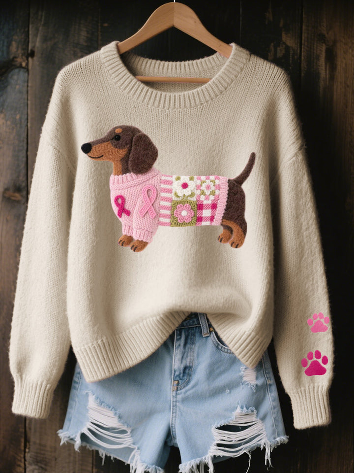 Héléna | Pull chic en maille côtelée à col rond et motif teckel pour femme
