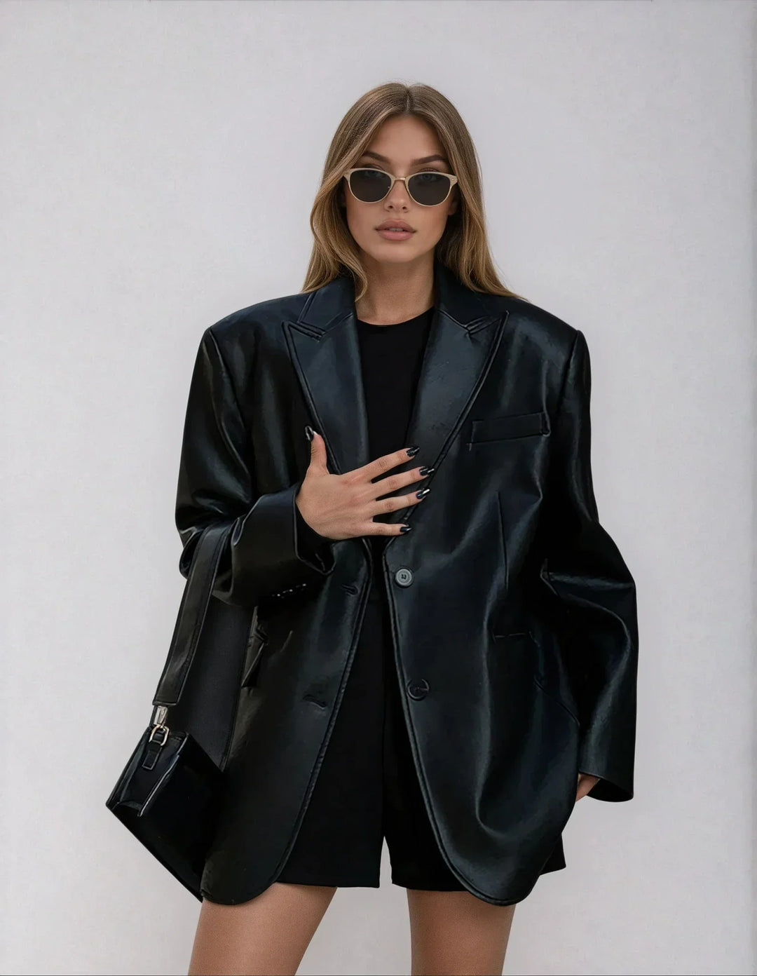 Louisa | Blazer élégant oversize long en simili cuir pour femme