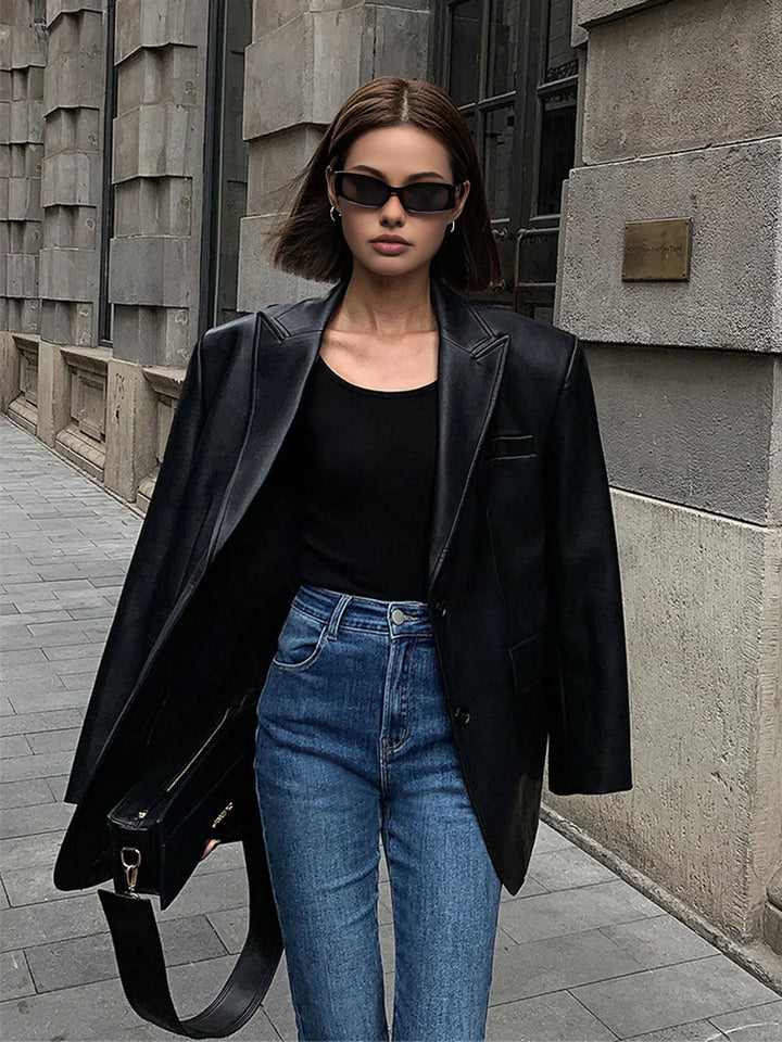 Louisa | Blazer élégant oversize long en simili cuir pour femme